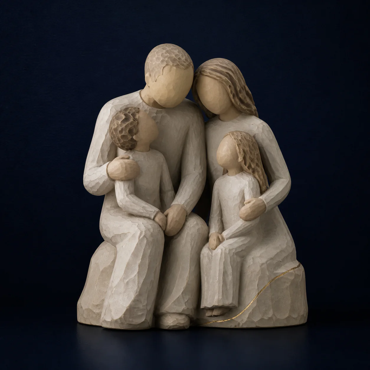 Sculpture of a family of four gathered together